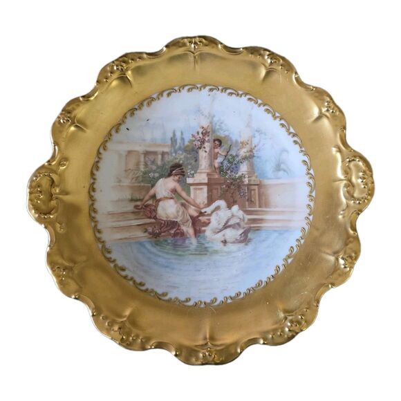 Limoges B&H Blakeman & Henderson Hand Painted Gold Rim Dish Woman Swan Cupid 12" - Picture 2 of 13
